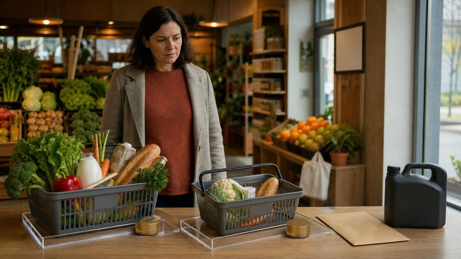Покупчиня порівнює дві продуктові корзини, що показують тиск інфляції на сімейний бюджет.