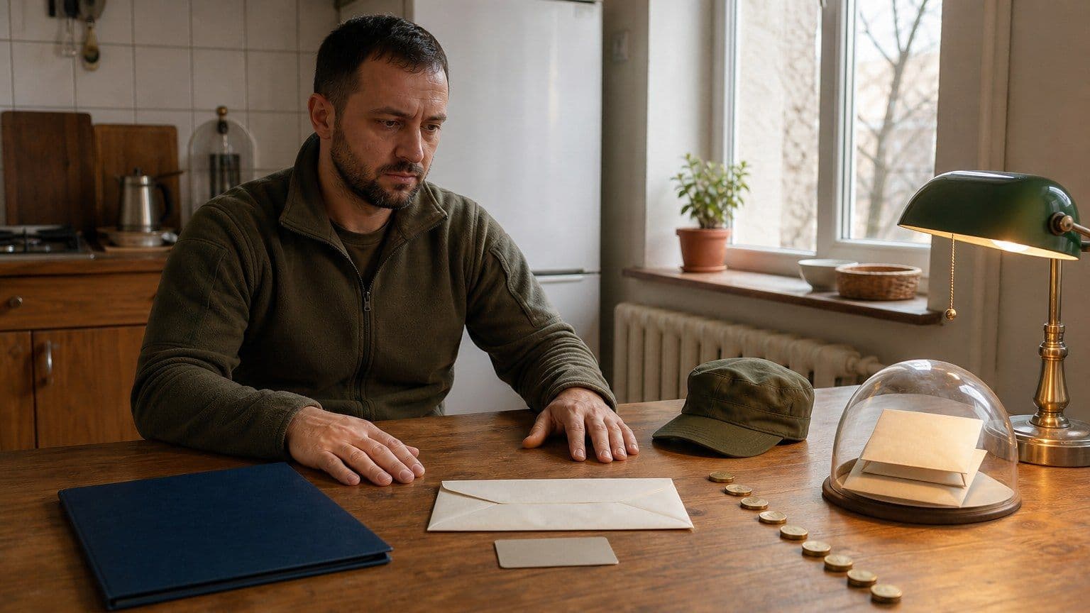 Військовослужбовець за кухонним столом обмірковує кредитні документи та захист від штрафів.